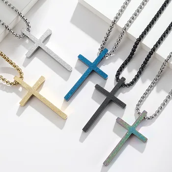 Fashion Frosted Gold Silver Black 5 Colors Stainless Steel Link Chain Jesus Cross Pendant Necklace For Men Couple Friend Prayer