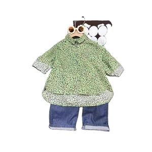 2026 Spring Autumn Korean Girls Boutique Clothes Set Long Sleeve Leopard Print Lapel Shirt Denim Pants 2Pcs Kids Clothing