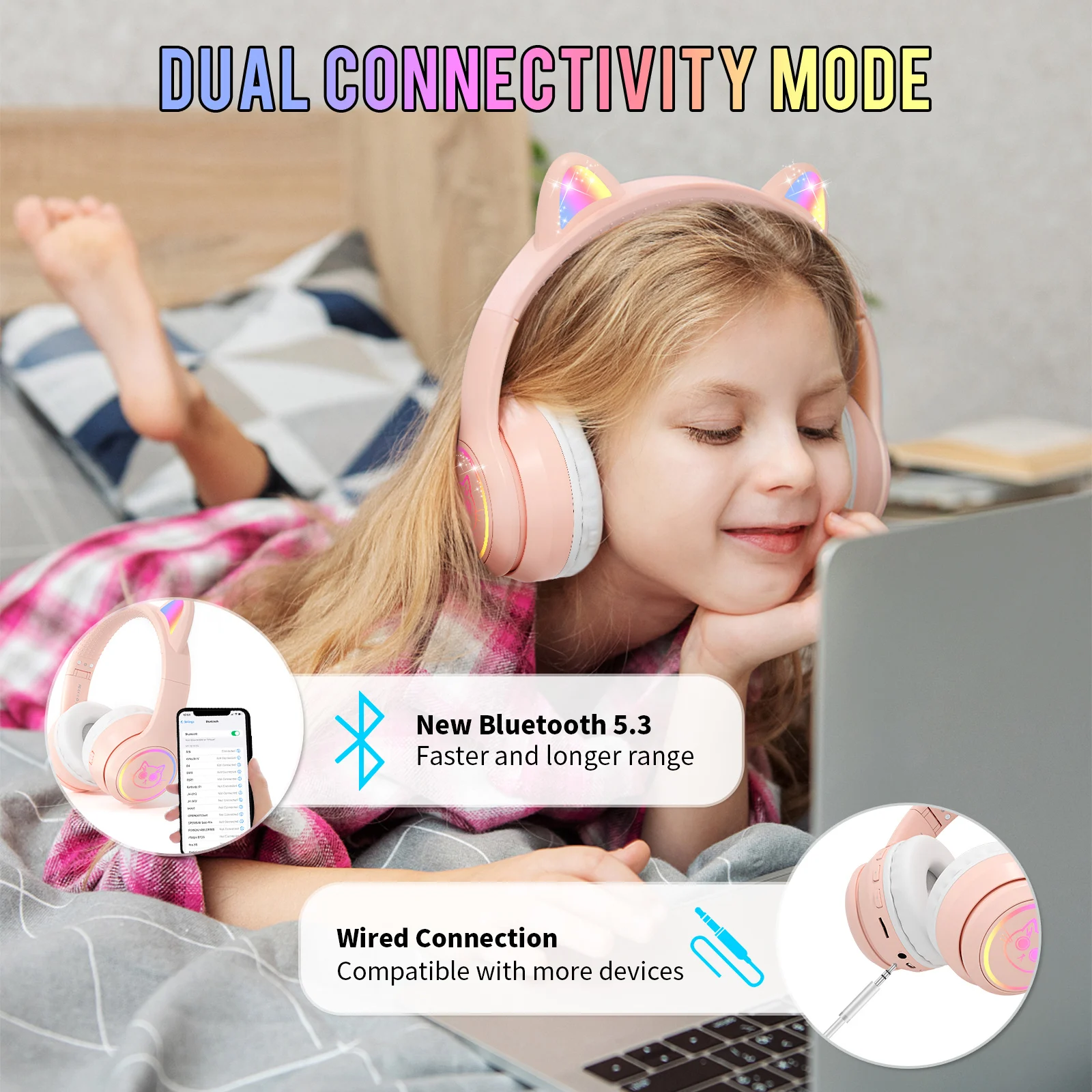 ESON High Quality Wireless Headphone for Kids Cute Light-Up Cat
