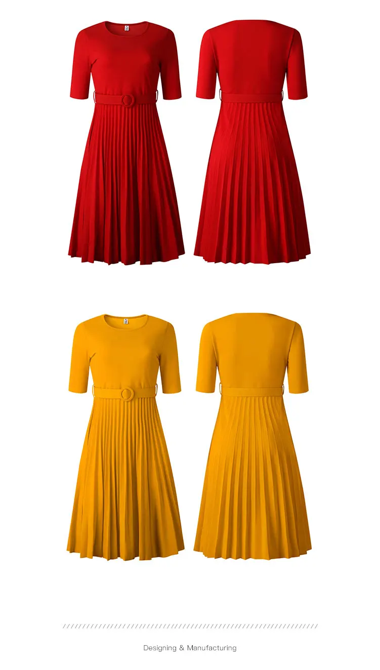 Solid Casual Dresses Plus Size Women Clothing Belt Women Dress Pleated