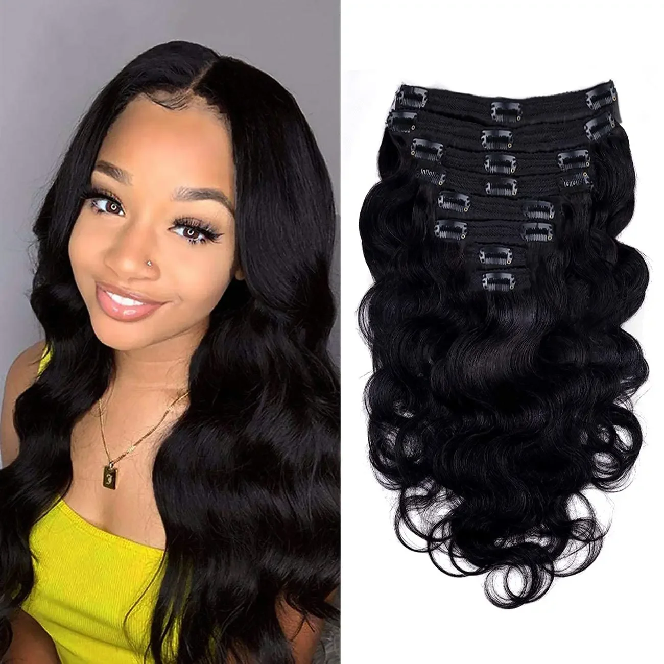 Body Wave Clip-in-Haarverlängerungen, 8 Stück, Naturschwarz, 100 % Echthaar, 12-26 Zoll, 120 g_voghion.com