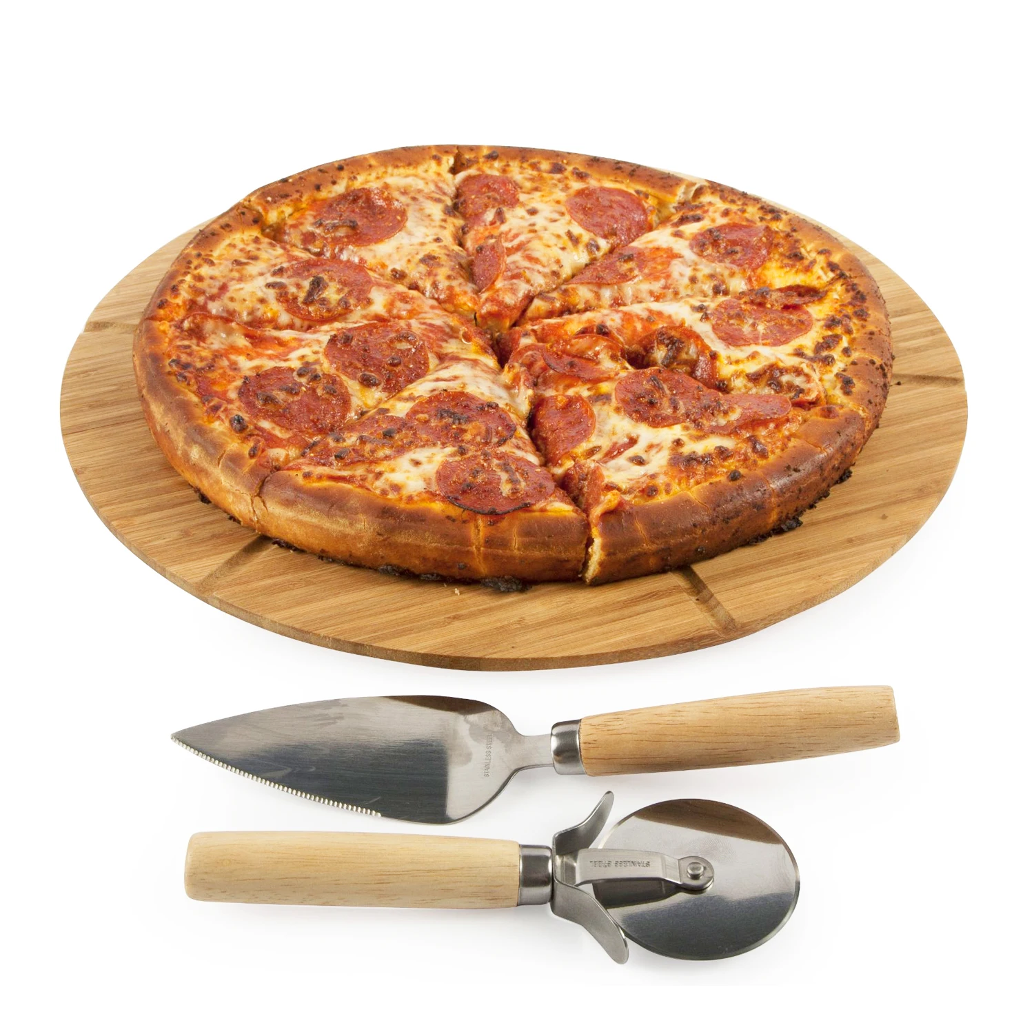 Bamboo Pizza Cutting Board Set Round Pizza Peel with Cutter Eco-friendly Chopping Board Charcuterie Serving Tray for Kitchen