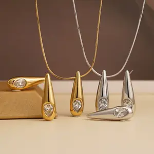 Fashion 18K Gold Plated Stainless Steel Jewelry Set Water Drop Zircon Eyes Necklace Zirconia Tear Pendant Earrings Wedding Party