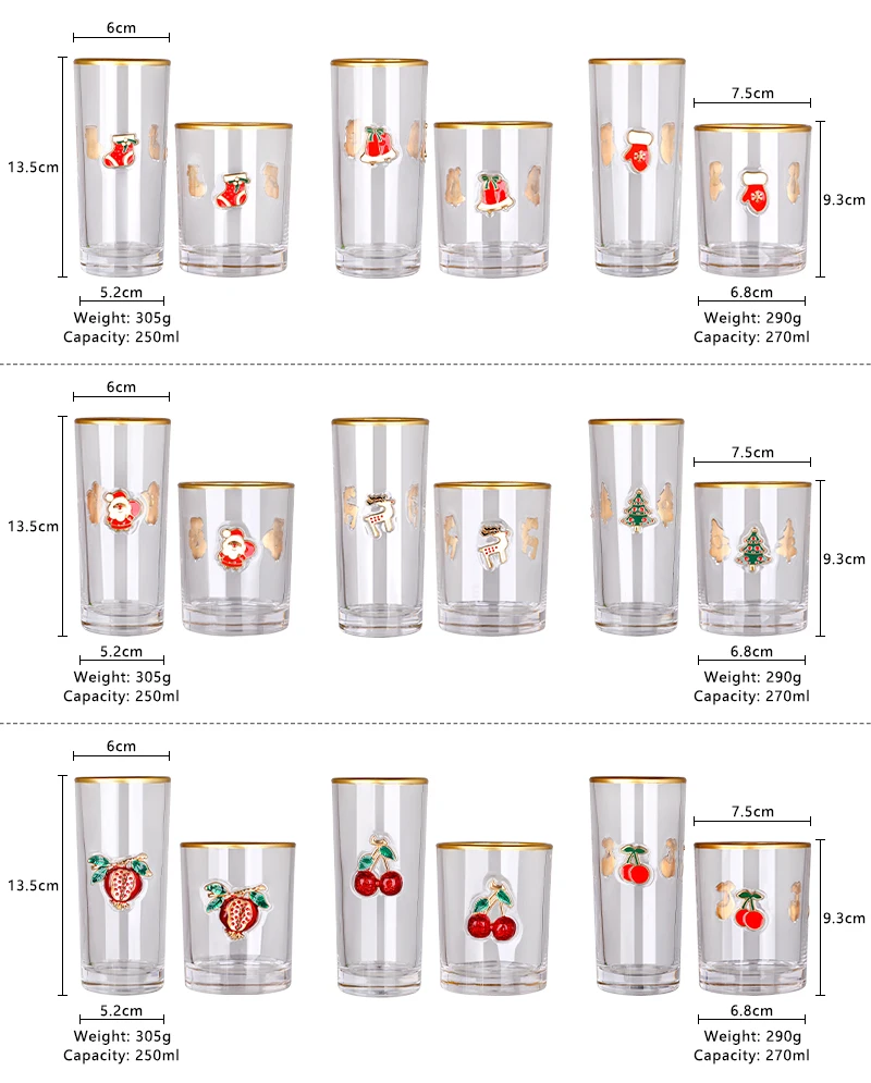 Ready to Ship Christmas Fruit Raised 3D Enamel Applique Motif Gold Rim Highball Cooler Double Old Fashioned Rocks Tumbler Glass