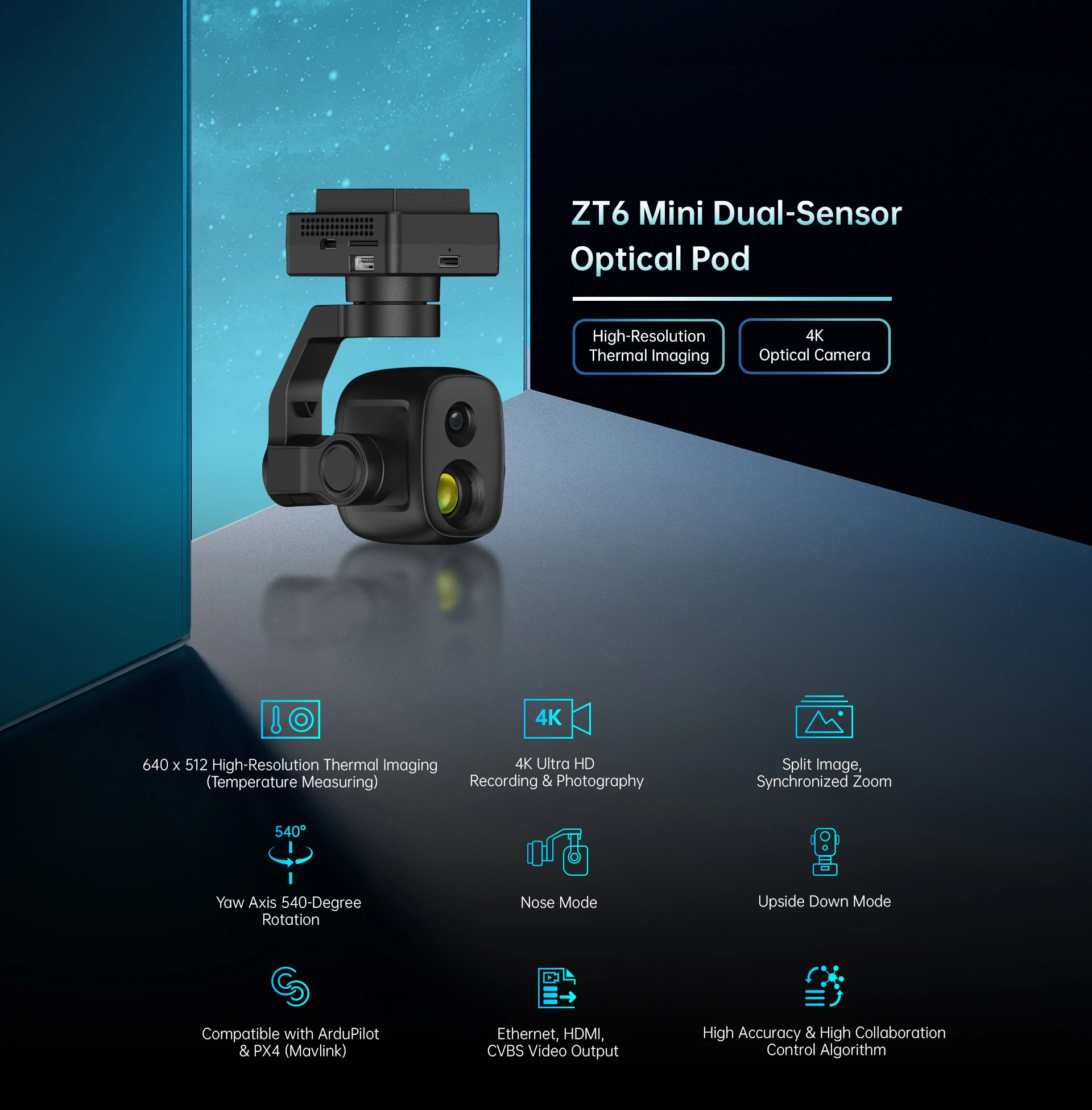 Mini Optical Pod Dual Sensors 4K 8MP 6X Digital Zoom Gimbal Camera Temperature Measuring 3-Ax details