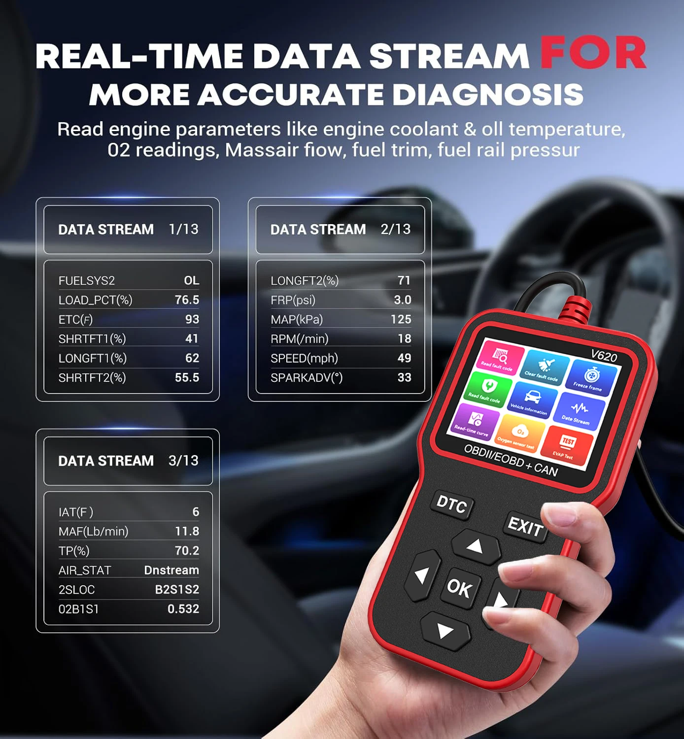 V620 OBD2スキャナー 車用エンジン故障コードリーダー 12V診断ツール