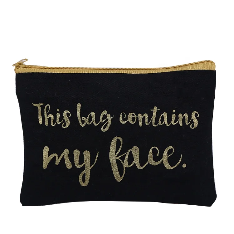 custom gold printing makeup canvas cosmetic bag with zipper