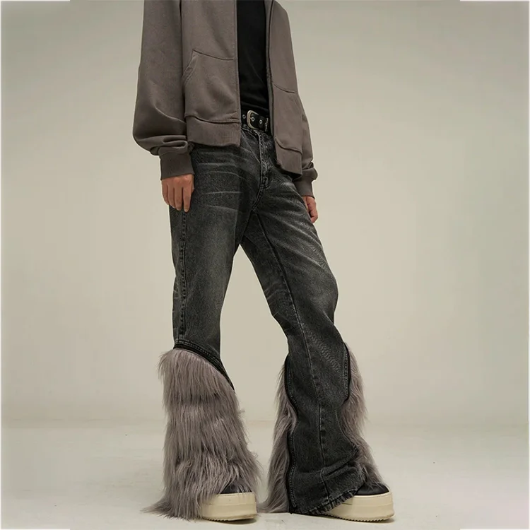Custom Wholesale Detachable Fur Bottom High Quality Black Flare Denim Jeans  for Men