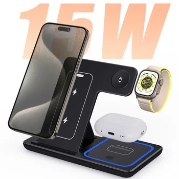 3-in-1 foldable Magnetic wireless fast charger for iPhone 15 Apple Watch AirPods