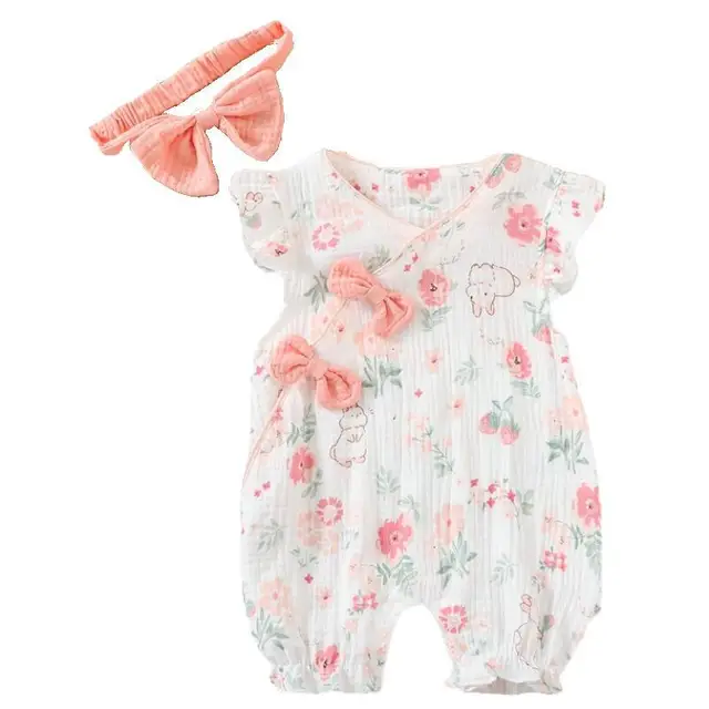 Newborn baby clothes summer gauze comfortable breathable onesie foreign style sleeveless romper with headband