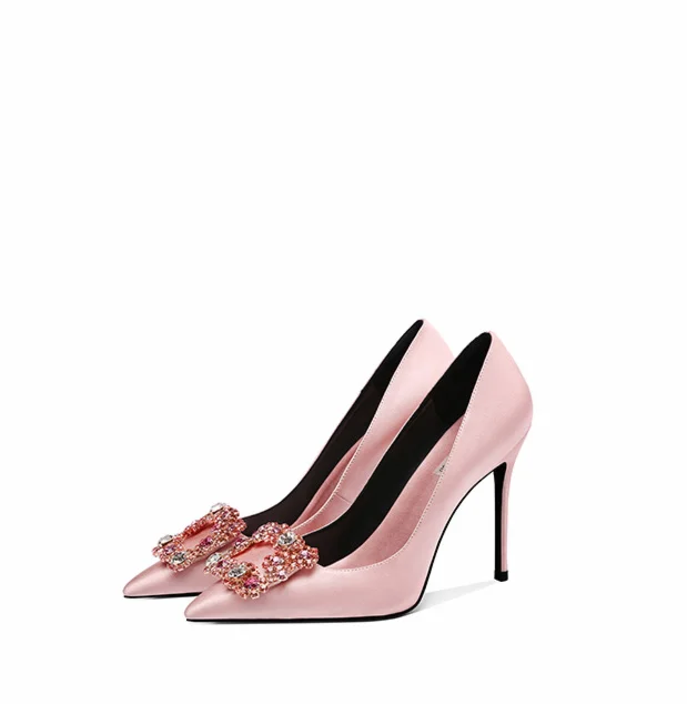 Rhinestones Metal Buckle Pointy Toe Breathable Gold Wedding Black Wedge Dress Shoes