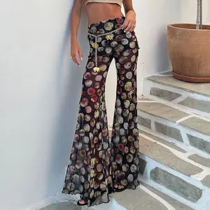 Mesh Leopard Print Trousers for Woman Summer Fashion Wide Leg Flare Pants Female Sexy Sheer Party Beachwear