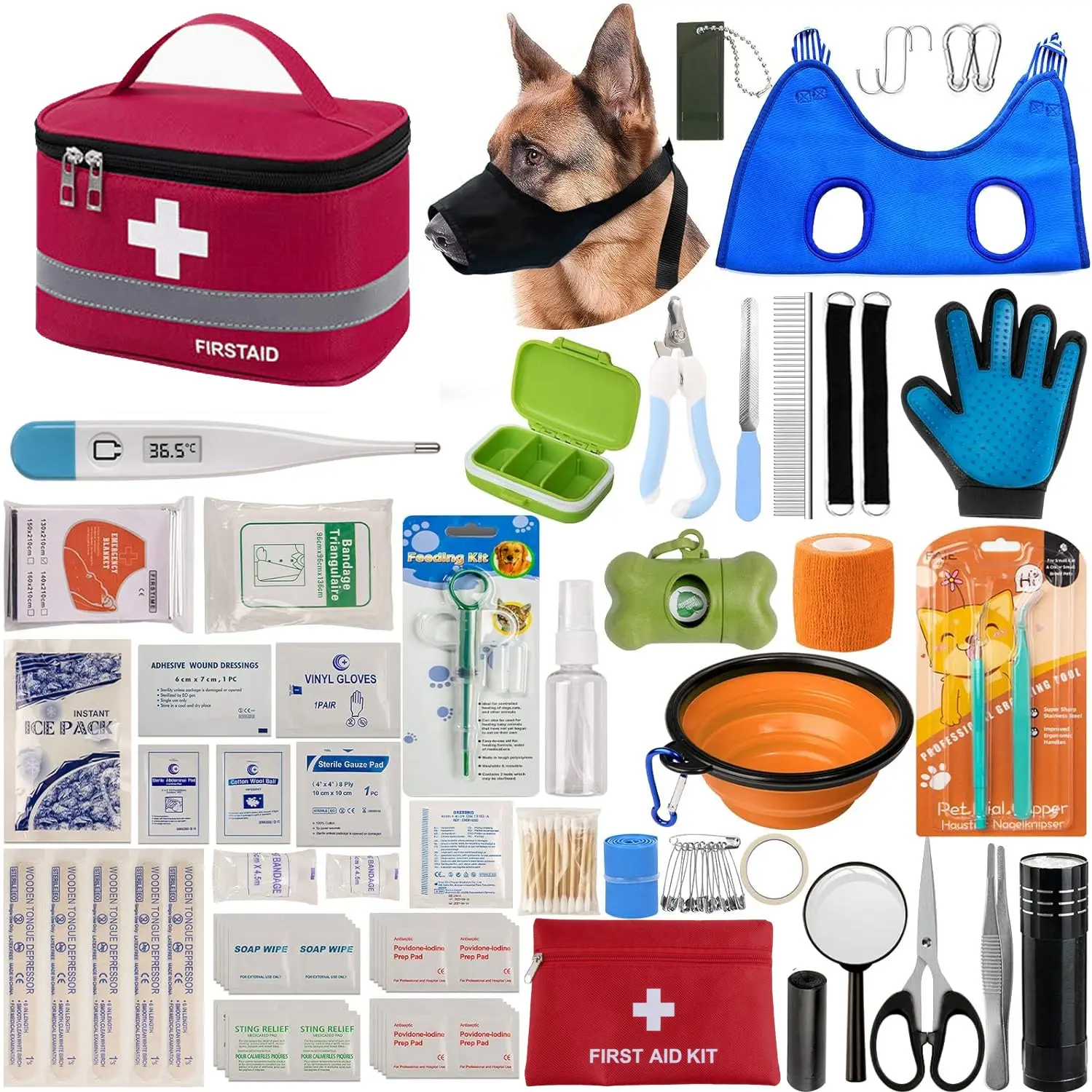 156pcs Camping Pet First Aid Kit for Dogs & Cats Emergency Kit with Nail Clipper Grooming Hammock Harness