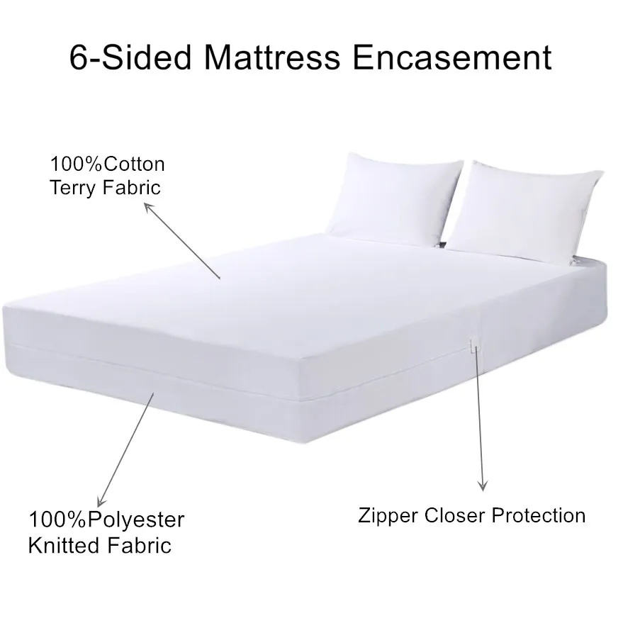 Waterproof Mattress Cover With Zipper, 6 Sides, White, Bed Pad