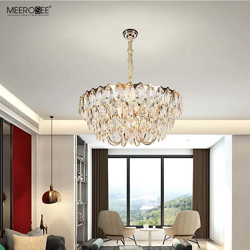 MEEROSEE K9 Crystal Leaf Pendant Light Modern Chandeliers Sitting Room Lighting Hanging Lights for Living Room MD86800