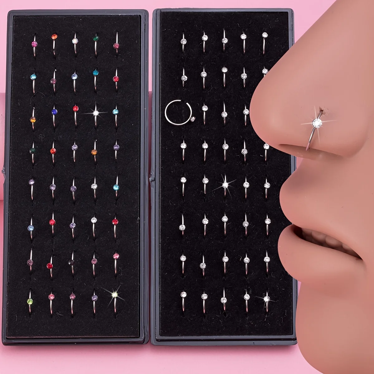 40pcs/Box Rhinestone Nose Rings Stainless Steel Nostril Piercing Jewelry Nose Hoop Ring 8mm Cartilage Tragus Daith Earrings