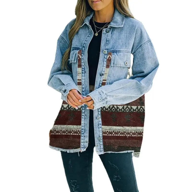 Western Fall Winter Jacket Woman Distressed Raw Fringe Coats Patch Pockets Cowgirl Aztec Corduroy Jackets for Women