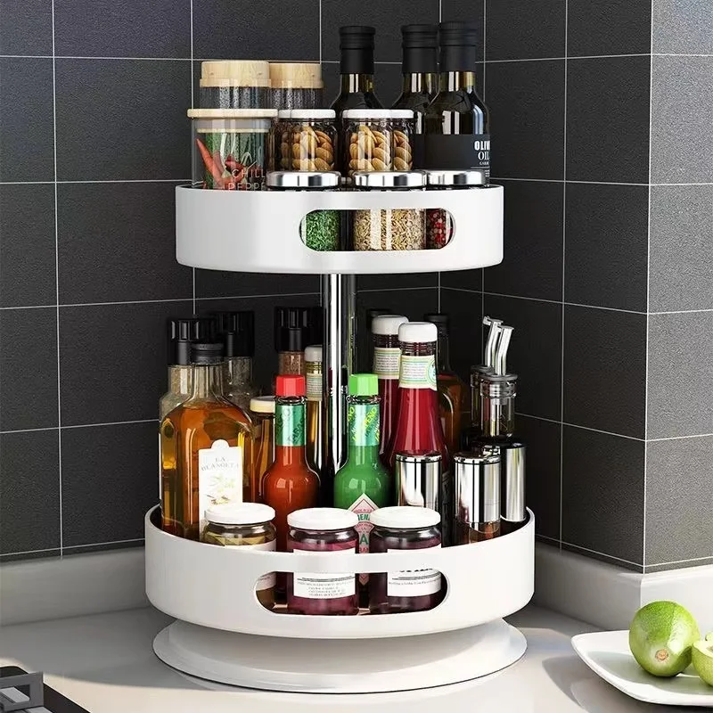 Kitchen Carbon Steel Multi-Functional Corner Storage Rack Rotatable Spice Shelf Special Oil Salt Sauce Vinegar Seasoning Box