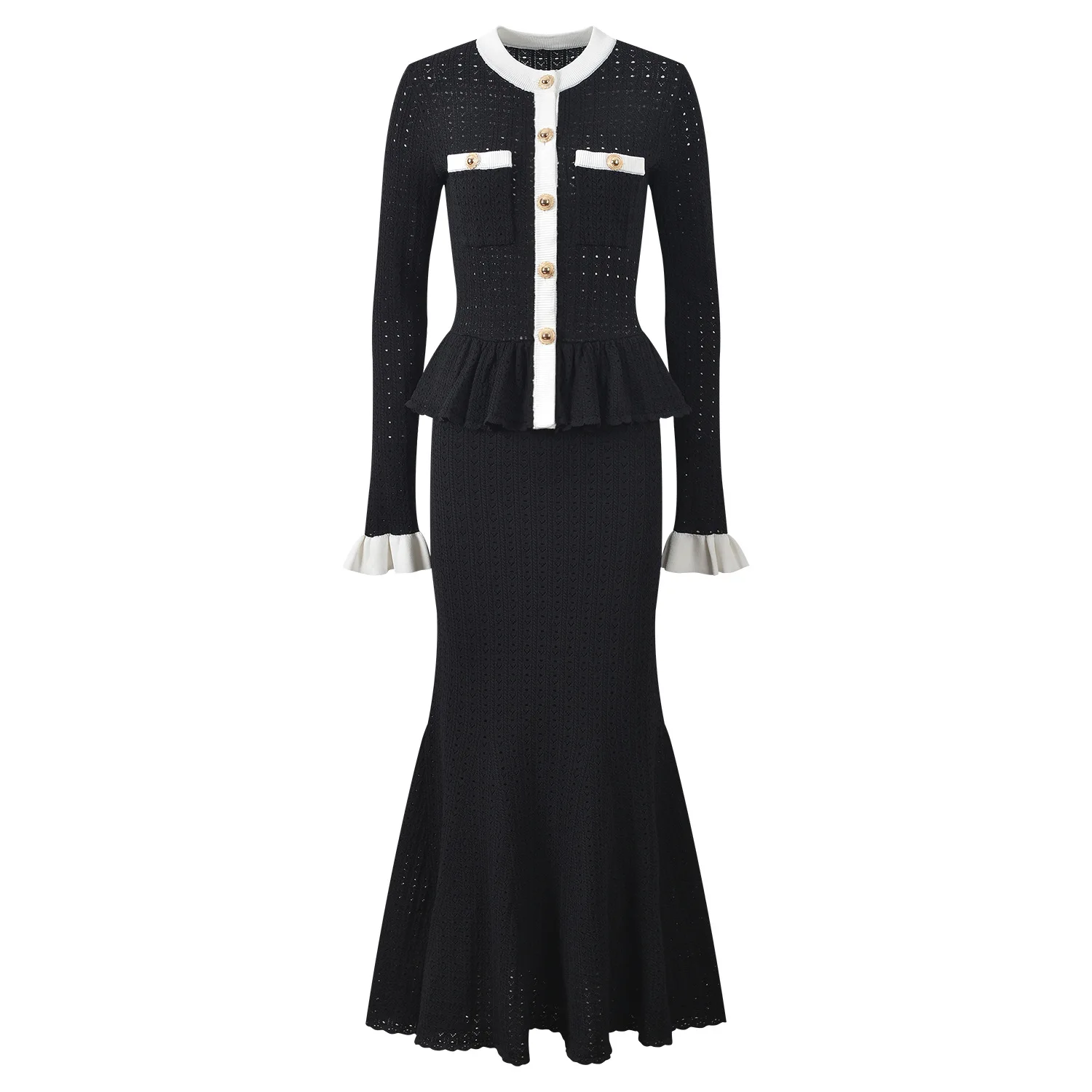 long sleeve black and white colorblock dress Elegant Formal Dress Black White Color-block V Neck Long Sleeve Maxi Dress