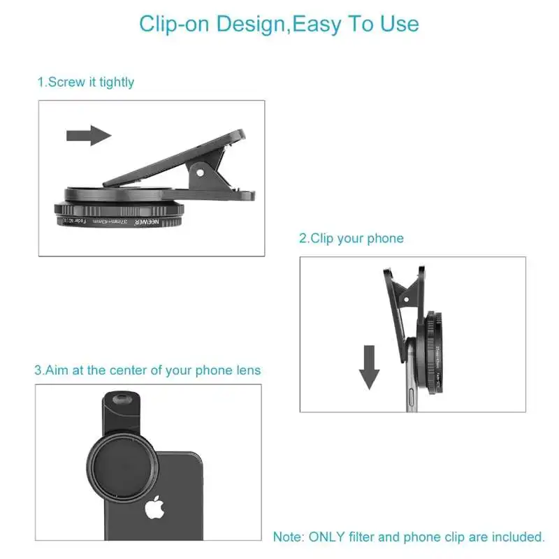 Комплект фильтров для объектива камеры мобильного телефона Neewer 37 мм с зажимом ND 2-400: Регулируемый Фильтр нейтральной плотности с зажимом для телефона для смартфона
