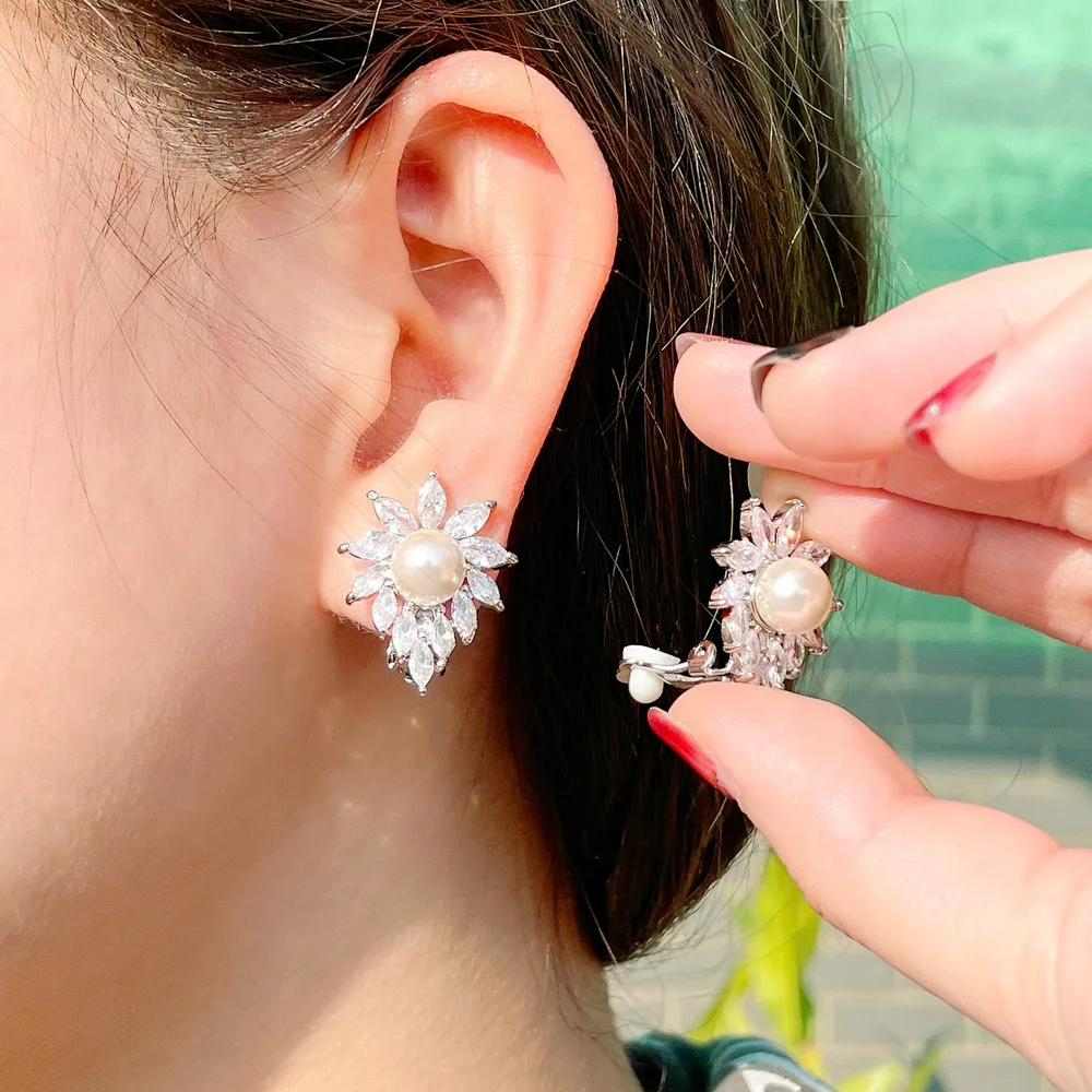 Non Pierced Design Shiny White Cubic Zirconia Earrings