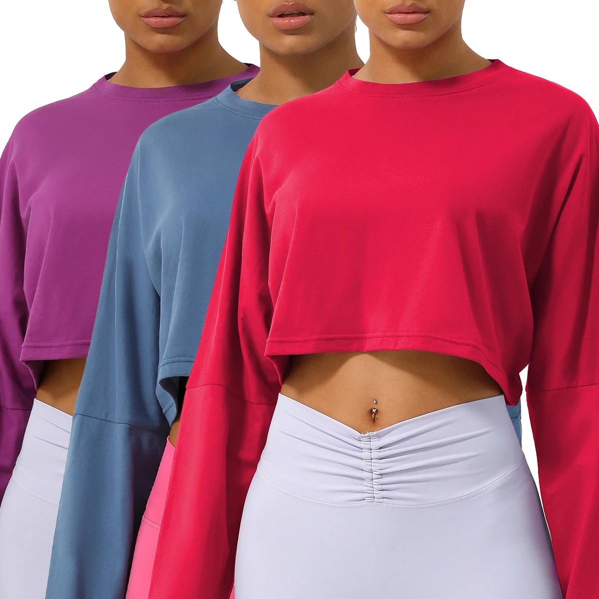 Sm2335 Women's Crew Neck Long Sleeve Crop Tops - Workout T