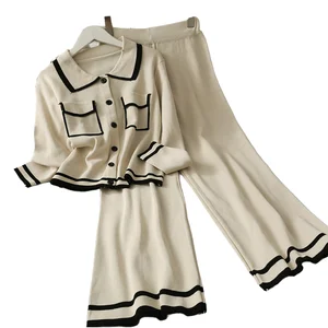 Women's Retro Color-Blocking Lapel Long-Sleeved Sweater Wide-Leg Pants Casual Autumn  Knit Set Wholesale