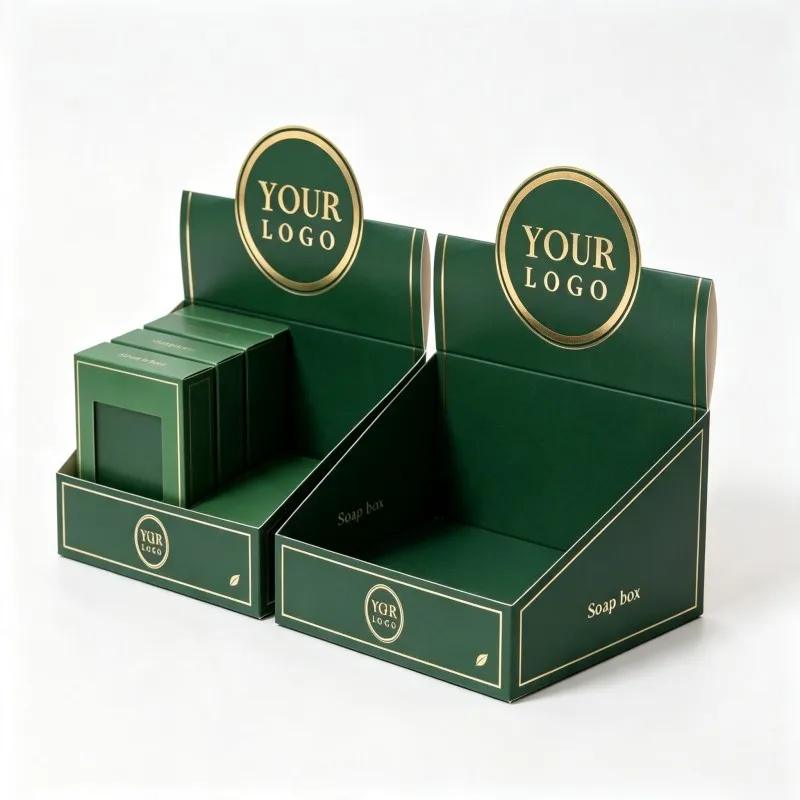 Cutie de săpun pentru afișare pe tejghea, din carton ecologic reciclabil, personalizabilă cu logo și dimensiune adaptată nevoilor magazinelor de retail