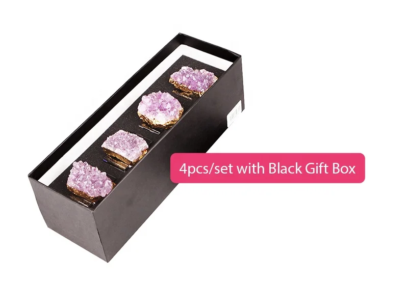 2021 Holiday Fancy Dinner New Cheap Rectangle Hand Made Gemstone Druzy Purple Amethyst Gold Plated Glass Napkin Ring for Wedding