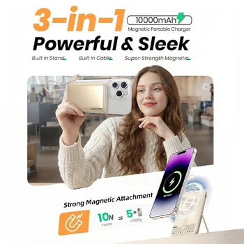 REMAX MC-01 3-in-1 10000mAh Power Bank - 15W Magnetic Wireless Fast Charge with Foldable Stand & Built-in Type-C Cable
