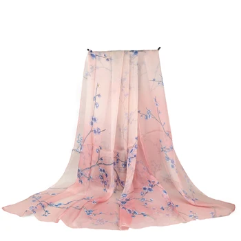 Hangzhou 100% pure silk print flower pattern long chiffon scarf for women