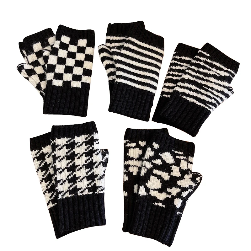 Осенне-зимние теплые перчатки с открытыми пальцами вязаные черно-белые жаккардовые эластичные шерстяные без пальцев для рук