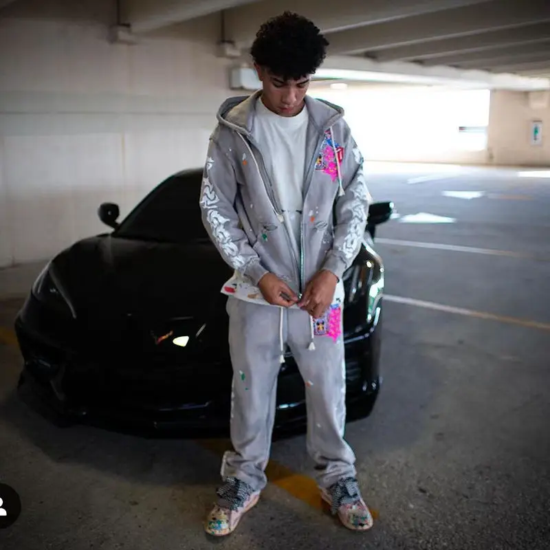 Custom Embroidered Patch Logo Paint Splatter Vintage Acid Wash Sun Faded Sweatpants and Hoodie Set Tracksuit for Men gallery 8