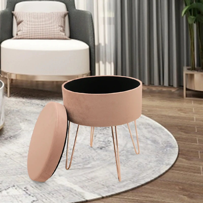 Customized Upholstered Vanity Footstool Dressing Chair Space Saving Round Velvet Footrest Stool Ottoman With Golden Metal Leg
