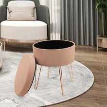 Customized Upholstered Vanity Footstool Dressing Chair Space Saving Round Velvet Footrest Stool Ottoman With Golden Metal Leg