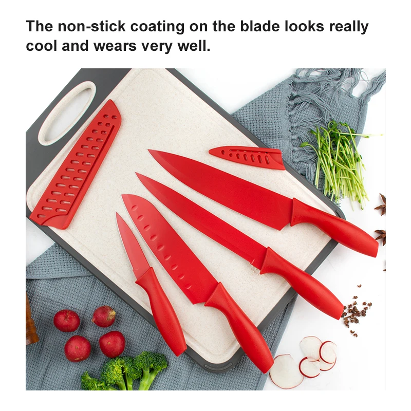 High Quality Cooking Knife Stainless Steel 10 PCS Non-stick Coated Kitchen Knife Set with Plastic Sheath