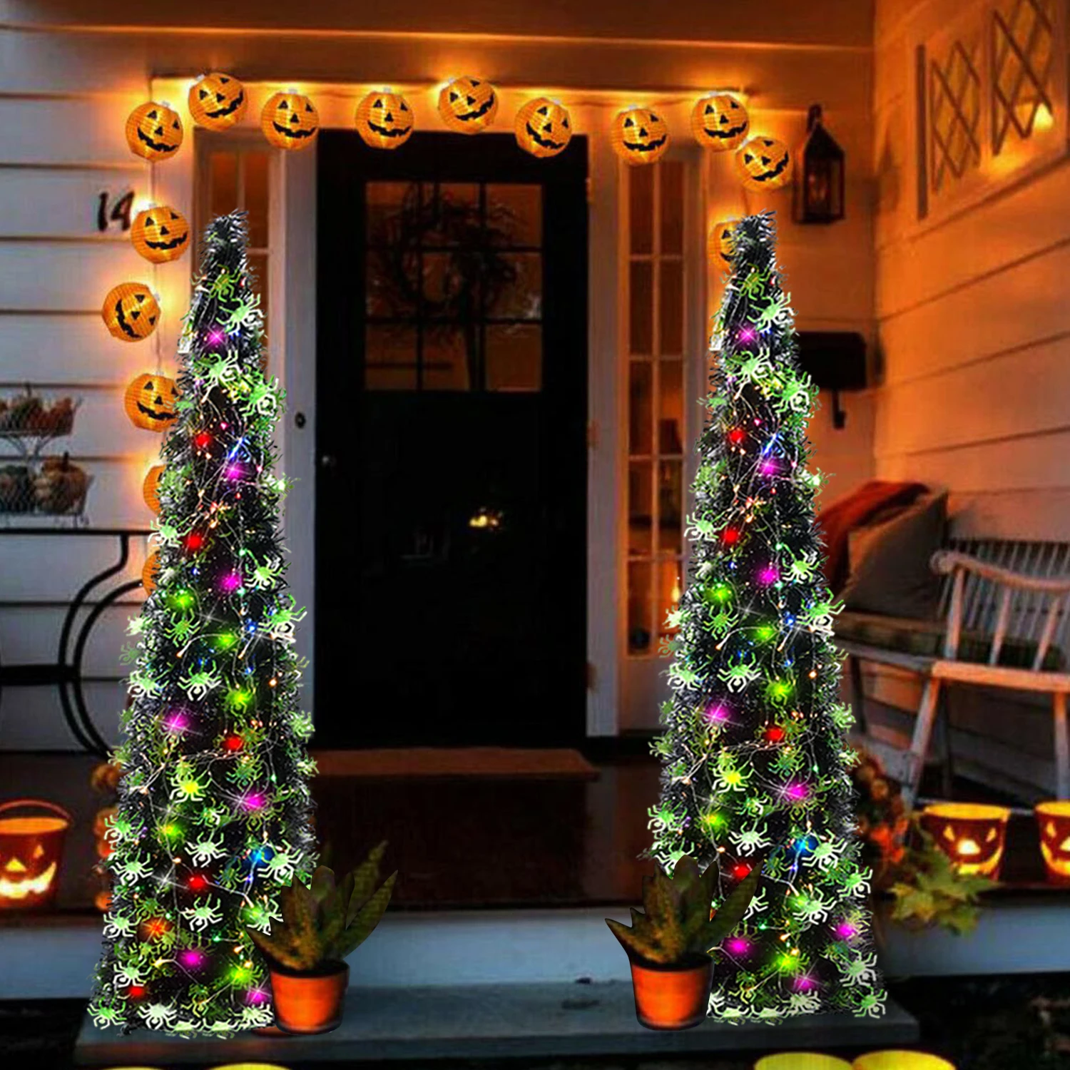 5ft Purple Artificial Pumpkin Sequin Collapsible Pencil Tinsel Halloween Christmas Tree for Decorations Indoor Holiday Party