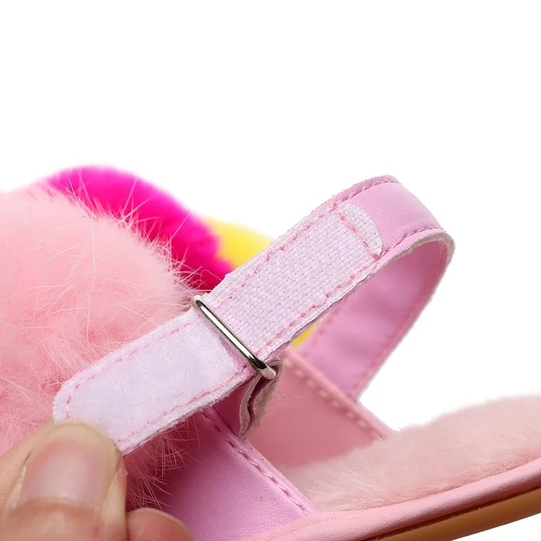 Girls Fur Slippers Summer Children Fluffy Sandals Real Fox Fur