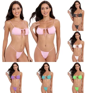 New Fashion European and American Solid Color Two-Piece Swimsuit Tie with Ruffle Logo Waist Crossover Design Beachwear Bikini