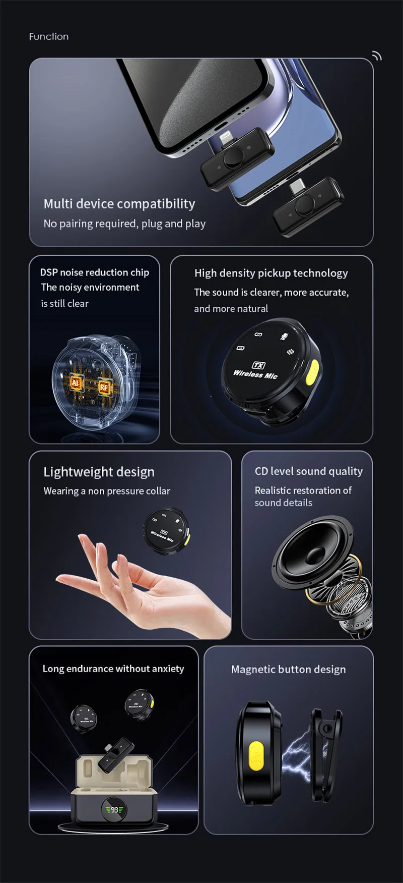 Q8 Professional Wireless Lavalier Microphone Magnetic Lapel Microphone with Charging Case for iPhone and Android Phone