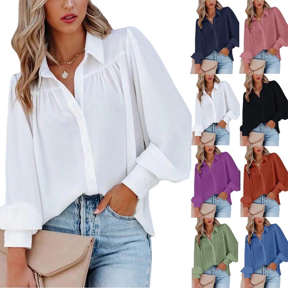 Women's Solid Color Lantern Long Sleeve Casual Button Up Shirt Women's ...