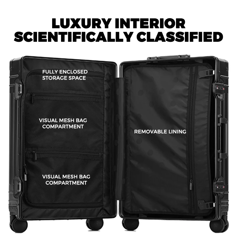 2026 Modern Design Aluminum Luggage Carry on Boarding 20 in Durable Trolley Suitcase TSA Lock Business Metal Travel Case
