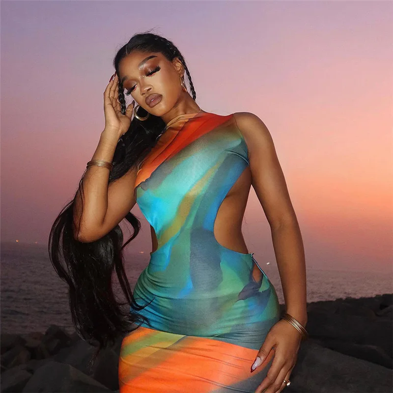 2024 Summer Gradient Print Maxi Dress Sleeveless Backless Long Dresses Sexy Vacation Outfits Holiday Elegant Bodycons