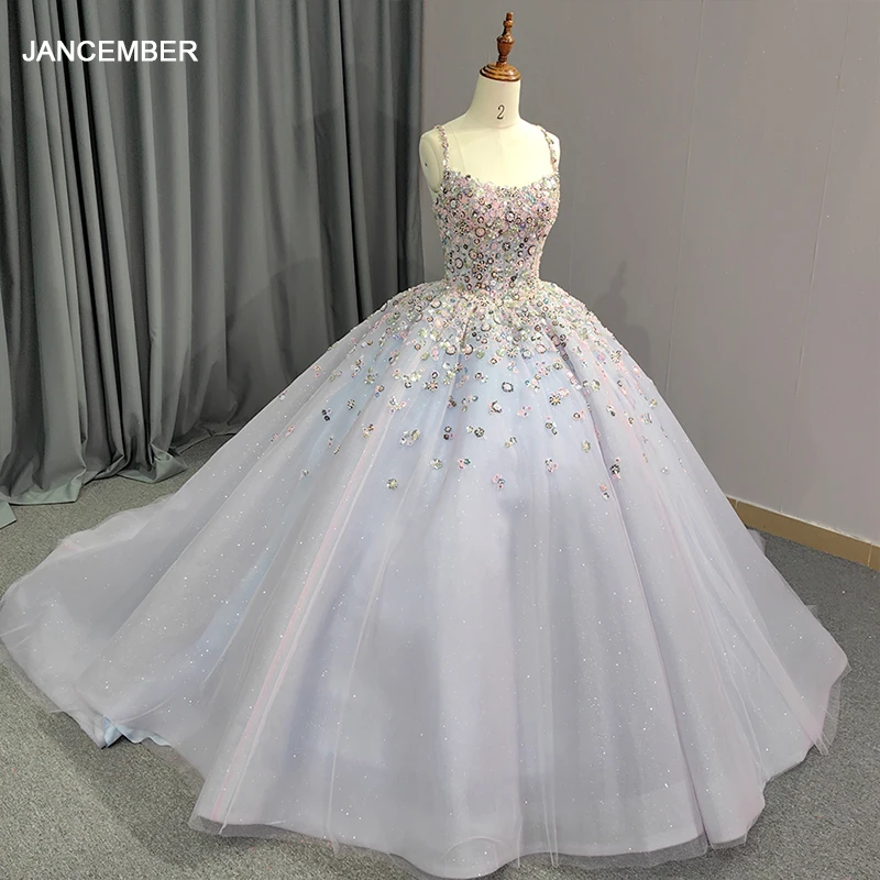Blue Purple Sleeveless Crystal Beading Quinceanera Dresses Ball Gown  Illusion Pink Appliques Lace Corset 6610