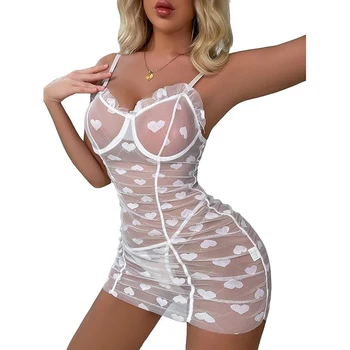 Women's Sexy Heart Mesh See Through Lingerie Nightwear Sleepwear Outfits Mesh Babydoll Chemise Lace Nightgowns with Thong