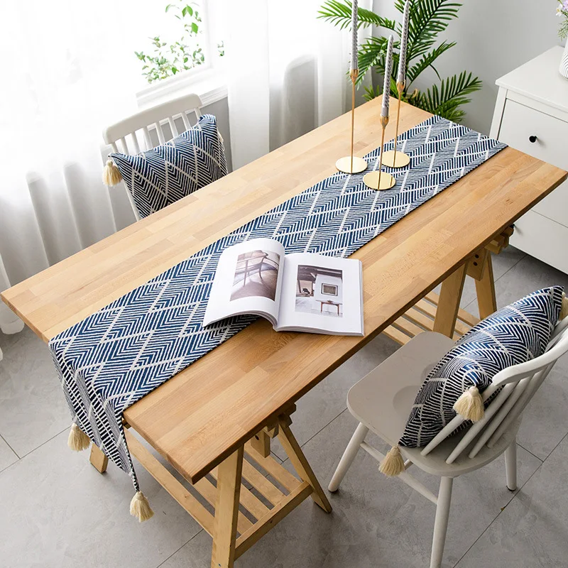 Cheap Minimalist Boho Style Cotton Polyester Blend Navy Blue Table Runner for Kitchen Table Decoration