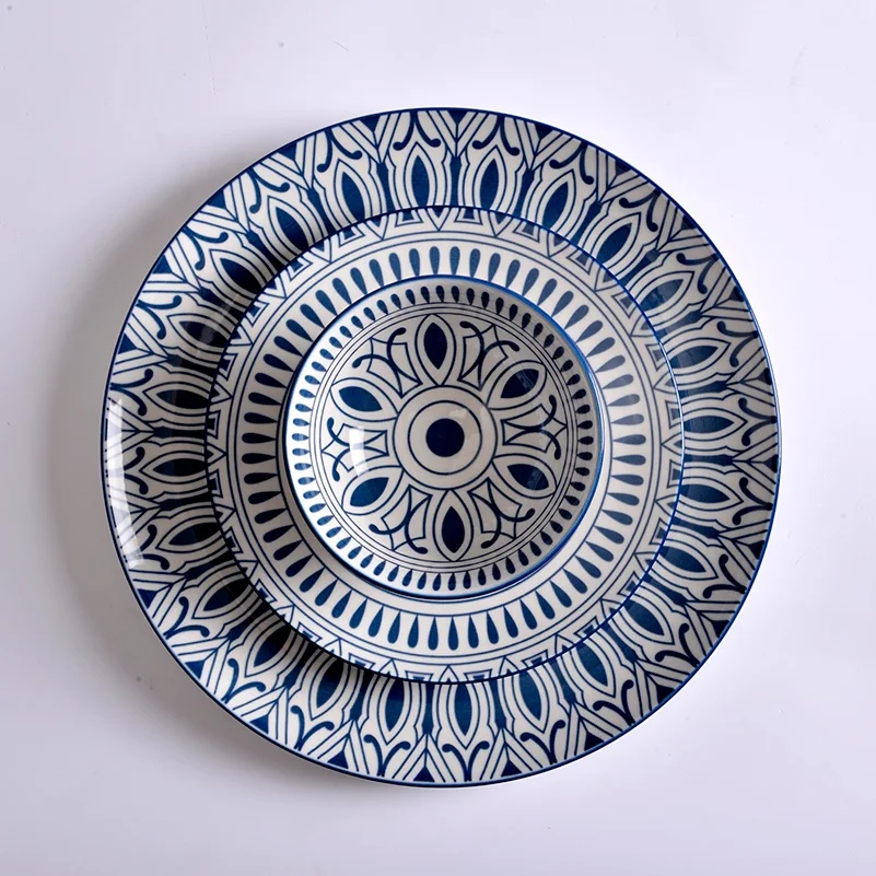Blue and White Style Eco-Friendly Ceramic Dinner Set Pad Printed Porcelain Restaurant Plate Dishes Dinner Plate