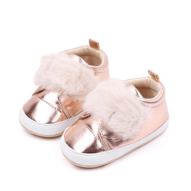 Bright PU Leather Plush Hook and Loop Solid Color Baby Girls Cute Soft Soled Toddler Shoes manufacture