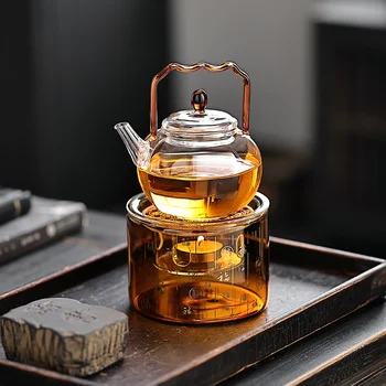 Manfu Modern Design Tea Warmer High Borosilicate Heat-Resistant Glass Teapot with Handle Steaming and Boiling Water Kettle