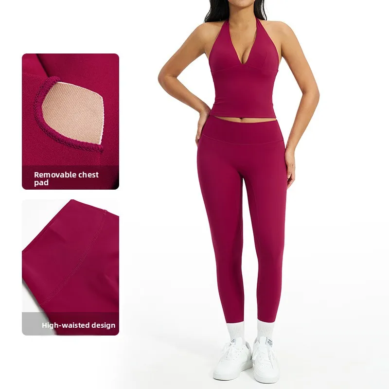 Brushed Solid Breathable Yoga Set V-neck Halter Neck Beautiful Back Tight-fitting 2-Piec